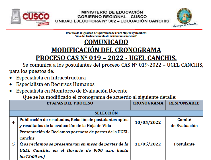 Read more about the article COMUNICADO<br>MODIFICACIÓN DEL CRONOGRAMA<br>PROCESO CAS N° 019 – 2022 – UGEL CANCHIS.