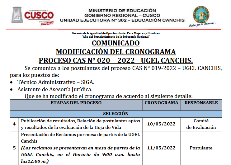 Read more about the article COMUNICADO<br>MODIFICACIÓN DEL CRONOGRAMA<br>PROCESO CAS N° 020 – 2022 – UGEL CANCHIS.