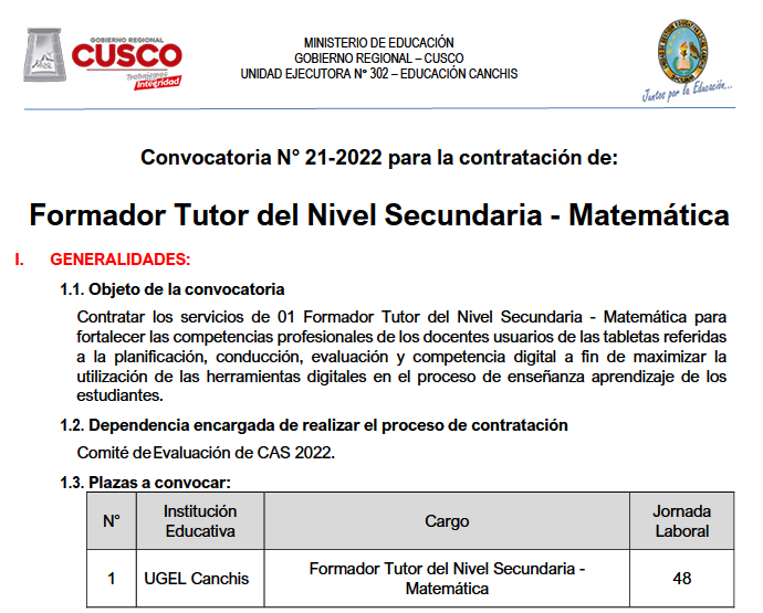 Read more about the article Convocatoria N° 21 y 22-2022 para la contratación de: