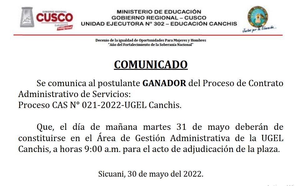 Read more about the article COMUNICADO – Proceso CAS N° 021-2022-UGEL Canchis.