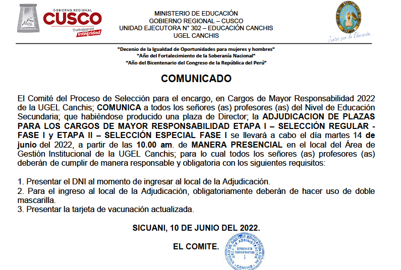 Read more about the article COMUNICADO – encargo, en Cargos de Mayor Responsabilidad 2022 de la UGEL Canchis