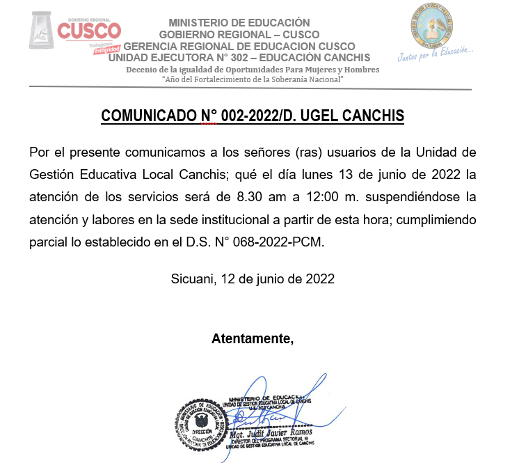 Read more about the article COMUNICADO N° 002-2022/D. UGEL CANCHIS