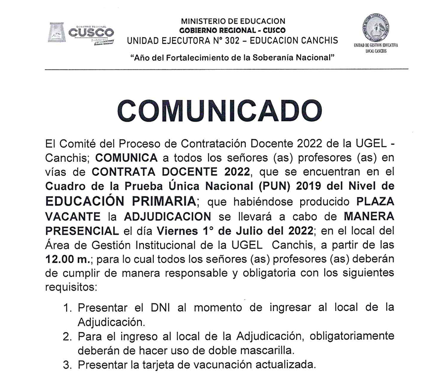 Read more about the article COMUNICADO – Contratación Docente 2022 de la UGEL – Canchis