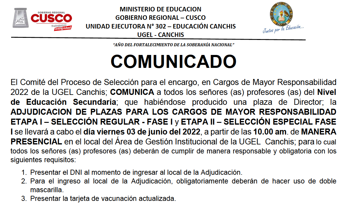 Read more about the article COMUNICADO – Cargos de Mayor Responsabilidad 2022 de la UGEL Canchis