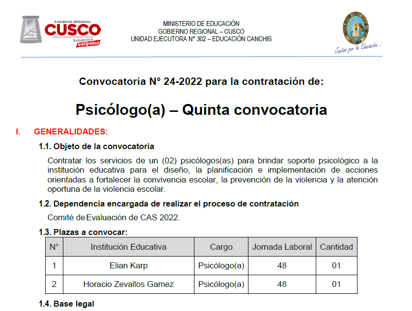 Read more about the article Convocatoria N° 24-2022 para la contratación de:
