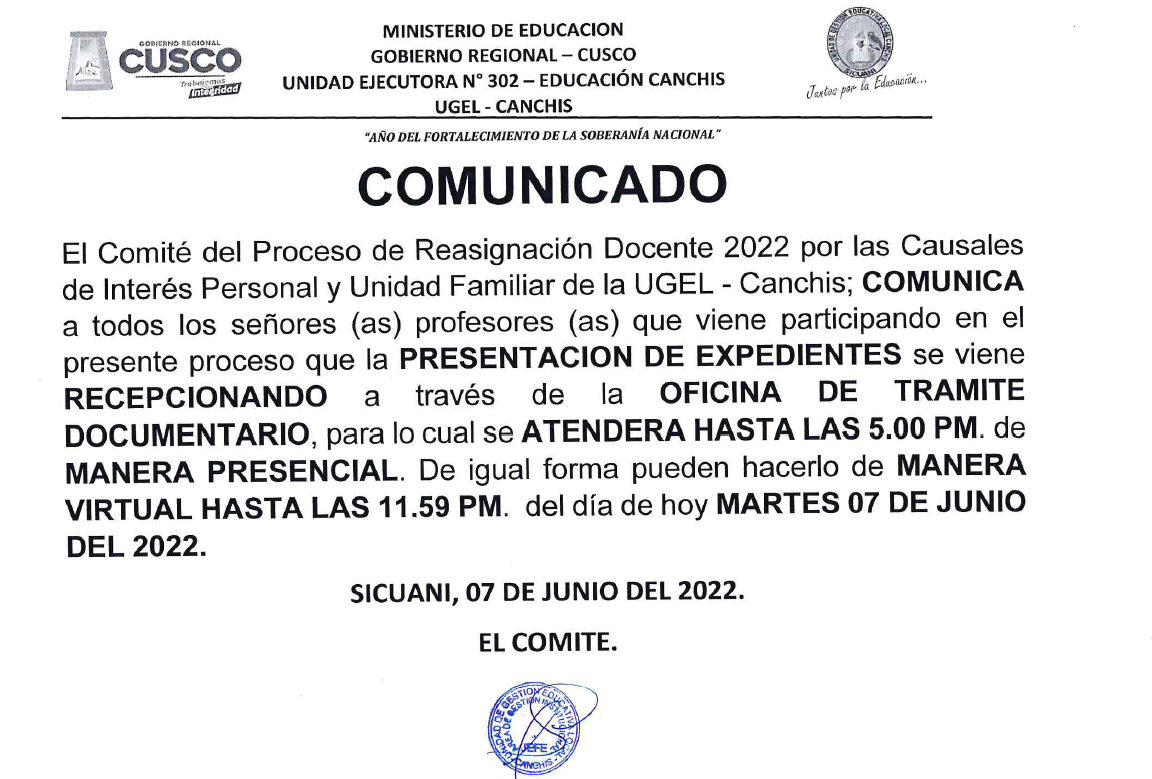 Read more about the article COMUNICADO – Proceso de Reasignación Docente 2022 por las Causales de Interés Personal y Unidad Familiar de la UGEL – Canchis