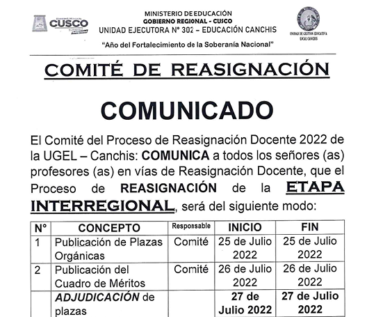 Read more about the article COMUNICADO – Proceso de Reasignación Docente 2022 de la UGEL – Canchis