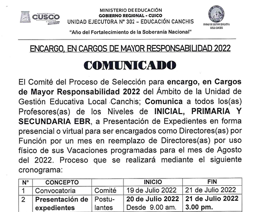 Read more about the article COMUNICADO – ENCARGO, EN CARGOS DE MAYOR RESPONSABILIDAD 2022