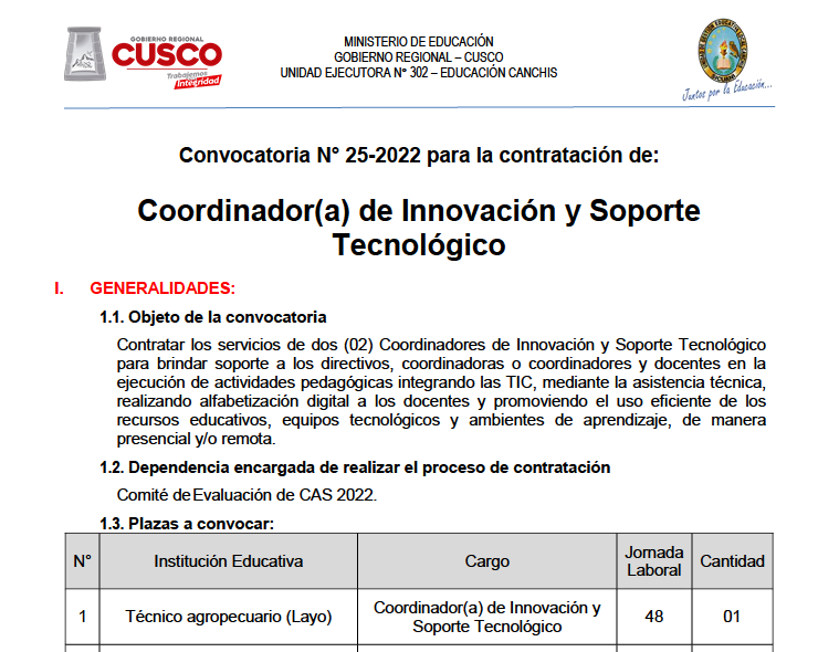 Read more about the article Convocatoria N° 25-2022 para la contratación de: