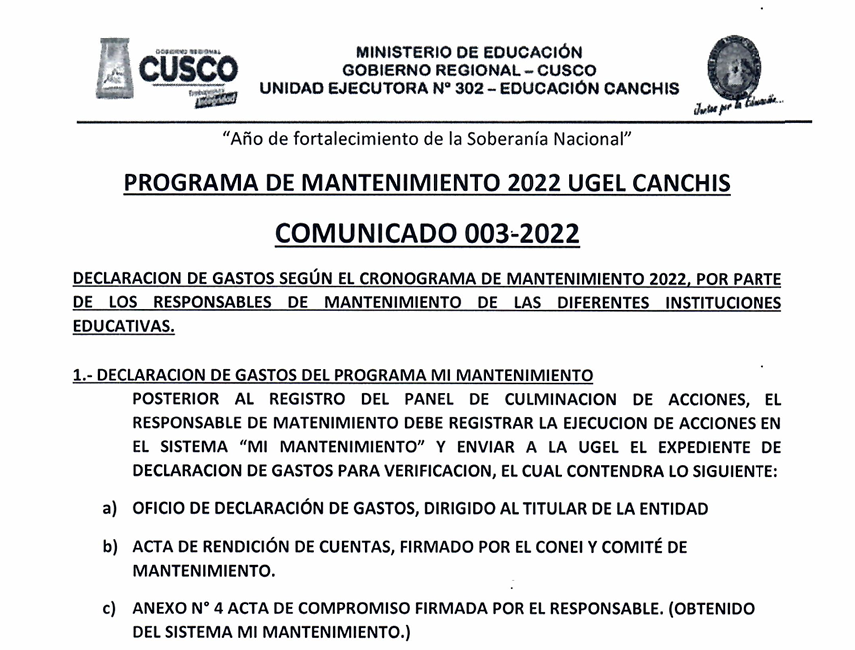 Read more about the article PROGRAMA DE MANTENIMIENTO 2022 UGEL CANCHIS<br>COMUNICADO 003-2022