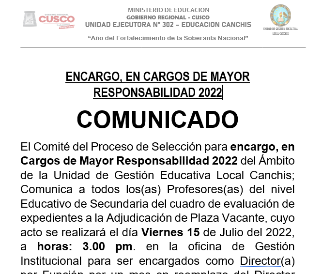 Read more about the article COMUNICADO –  ENCARGO, EN CARGOS DE MAYOR RESPONSABILIDAD 2022