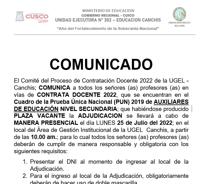 Read more about the article COMUNICADO – Contratación Docente 2022 de la UGEL – Canchis