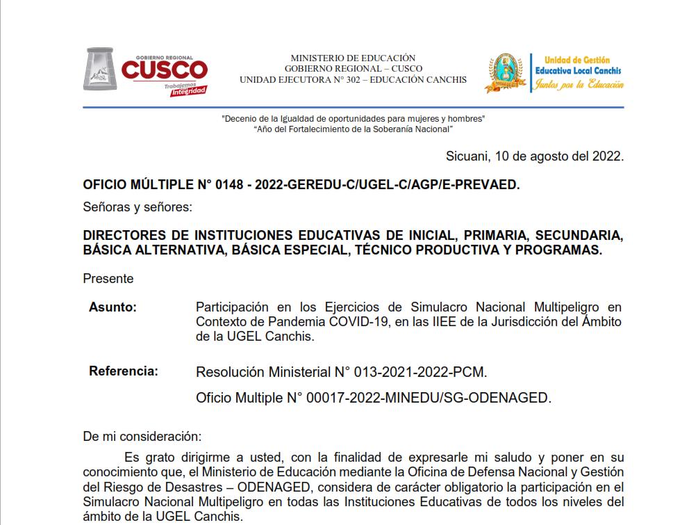 Read more about the article OFICIO MÚLTIPLE N° 0148 – 2022-GEREDU-C/UGEL-C/AGP/E-PREVAED.