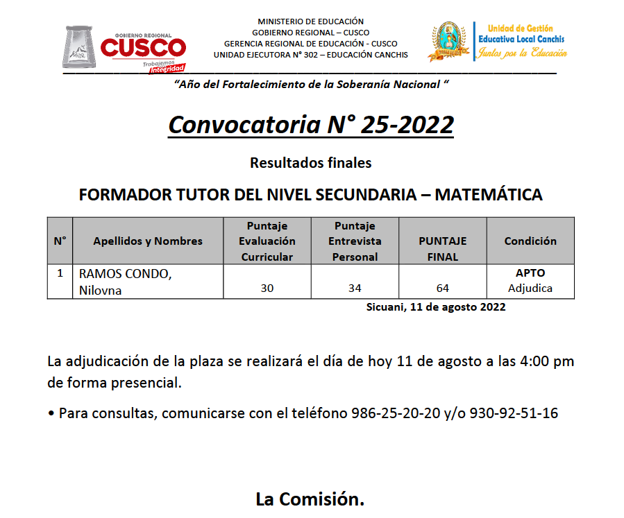 Read more about the article Convocatoria N° 25-2022 – Resultados finales