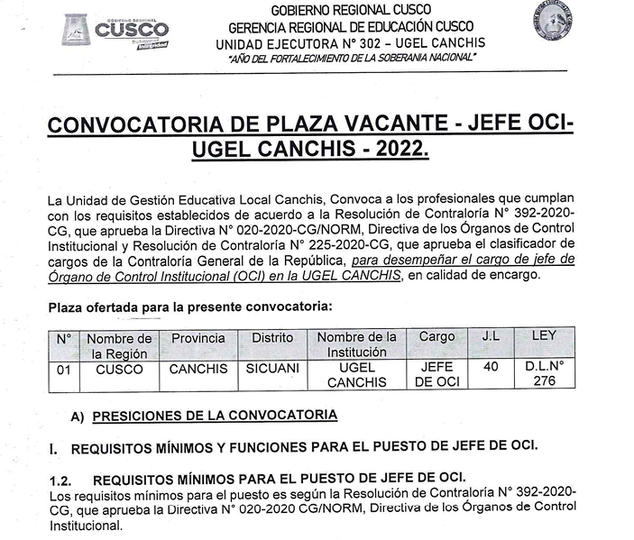 Read more about the article CONVOCATORIA DE PLAZA VACANTE – JEFE OCI-<br>UGEL CANCHIS – 2022.