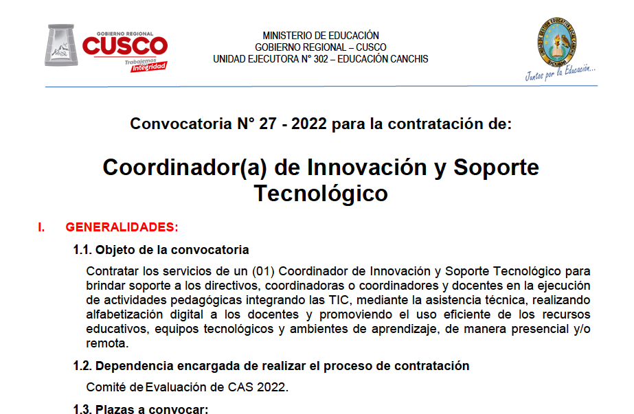Read more about the article Convocatoria N° 27 – 2022 para la contratación de: