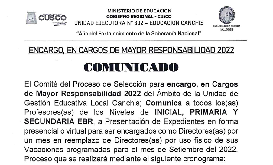 Read more about the article ENCARGO, EN CARGOS DE MAYOR RESPONSABILIDAD 2022 – COMUNICADO