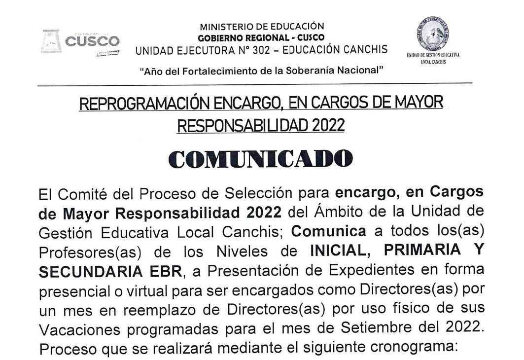 Read more about the article REPROGRAMACIÓN ENCARGO, EN CARGOS DE MAYOR RESPONSABIUDAD 2022 – COMUNICADO
