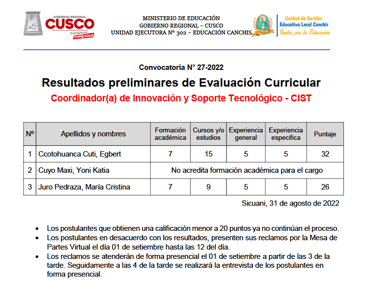 Read more about the article Convocatoria N° 27-2022<br>Resultados preliminares de Evaluación Curricular