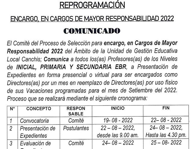 Read more about the article REPROGRAMACIÓN –  CARGOS DE MAYOR RESPONSABIUDAD 2022 COMUNICADO