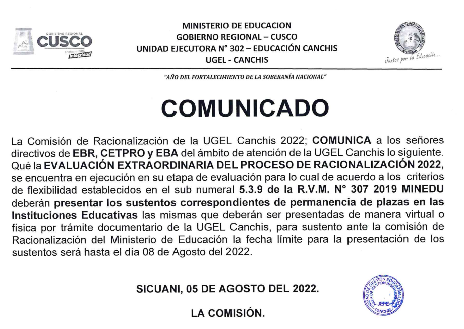 Read more about the article COMUNICADO – La Comisión de Racionalización de la UGEL Canchis 2022.