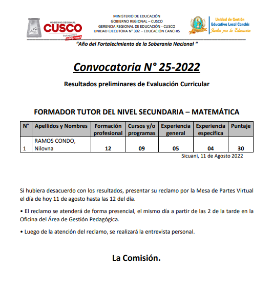 Read more about the article Convocatoria N° 25-2022 – Resultados preliminares de Evaluación Curricular