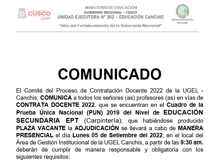 Read more about the article COMUNICADO –  Proceso de Contratación Docente 2022 de la UGEL – Canchis