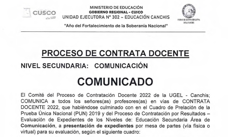 Read more about the article PROCESO DE CONTRATA DOCENTE<br>NIVEL SECUNDARIA: COMUNICACIÓN<br>COMUNICADO