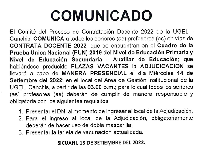 Read more about the article COMUNICADO – Proceso de Contratación Docente 2022 de la UGEL – Canchis.