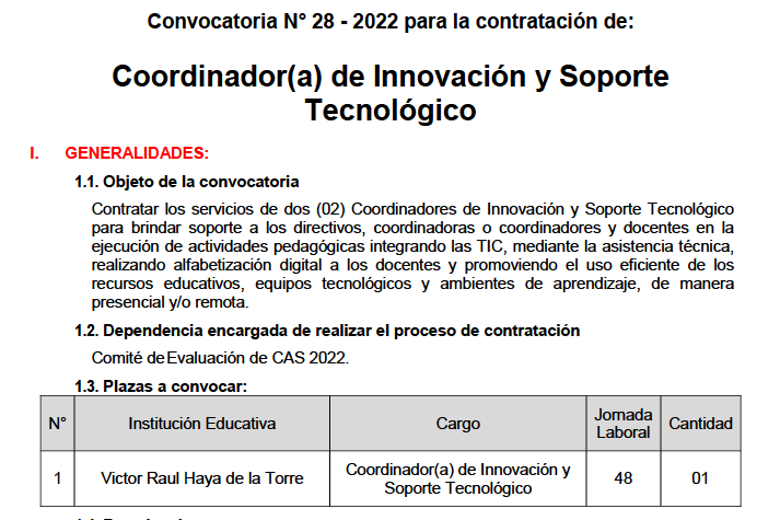 Read more about the article Convocatoria N° 28 – 2022 para la contratación de:<br>Coordinador(a) de Innovación y Soporte Tecnológico