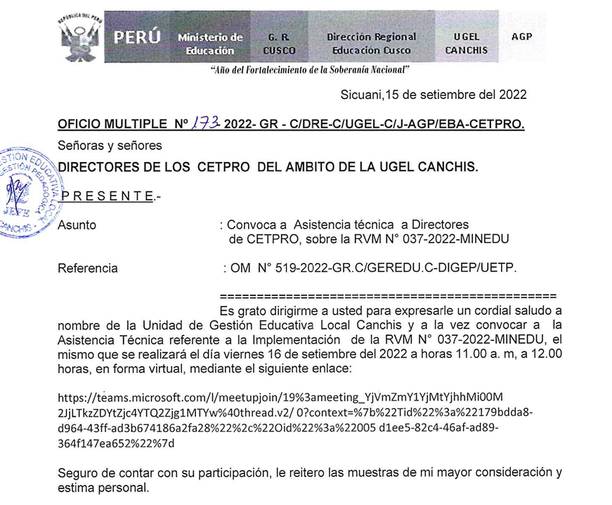 Read more about the article Convoca a Asistencia técnica a Directores de CETPRO, sobre la RVM N° 037-2022-MINEDU