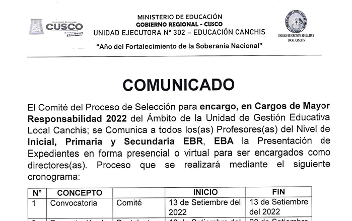 Read more about the article COMUNICADO – Proceso de Selección para encargo, en Cargos de Mayor Responsabilidad 2022 del Ámbito de la Unidad de Gestión Educativa Local Canchis.
