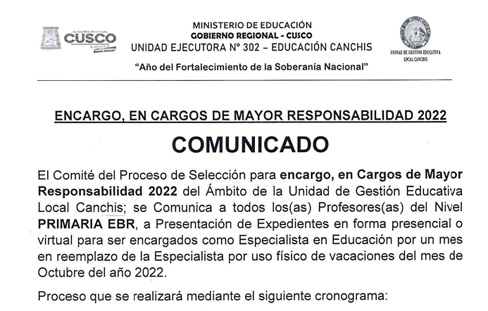 Read more about the article ENCARGO, EN CARGOS DE MAYOR RESPONSABILIDAD 2022ENCARGO, EN CARGOS DE MAYOR RESPONSABILIDAD 2022 – COMUNICADO