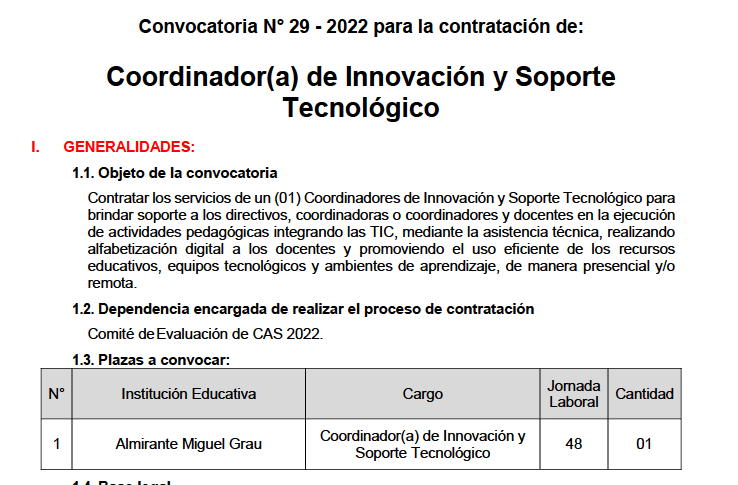 Read more about the article Convocatoria N° 29 – 2022 para la contratación de:<br>Coordinador(a) de Innovación y Soporte Tecnológico