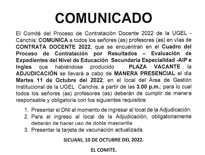 Read more about the article COMUNICADO – Contratación Docente 2022 de la UGEL – Canchis;