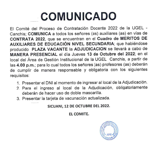 Read more about the article COMUNICADO – Proceso de Contratación Docente 2022 de la UGEL – Canchis