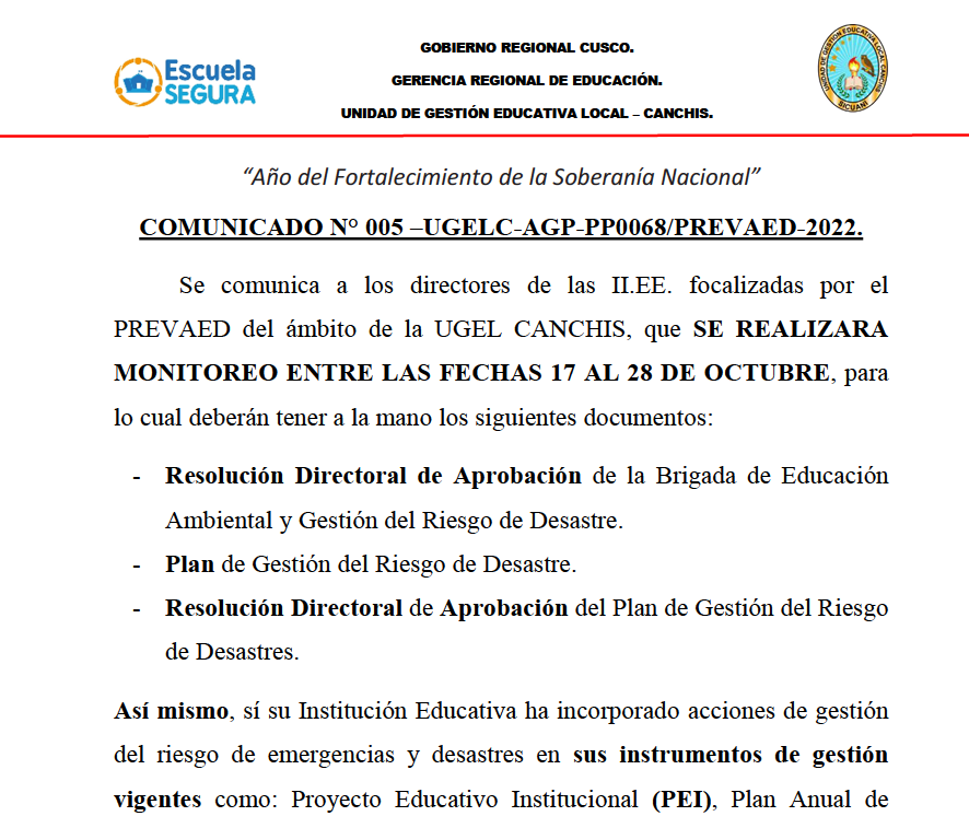 Read more about the article COMUNICADO N° 005 –UGELC-AGP-PP0068/PREVAED-2022.
