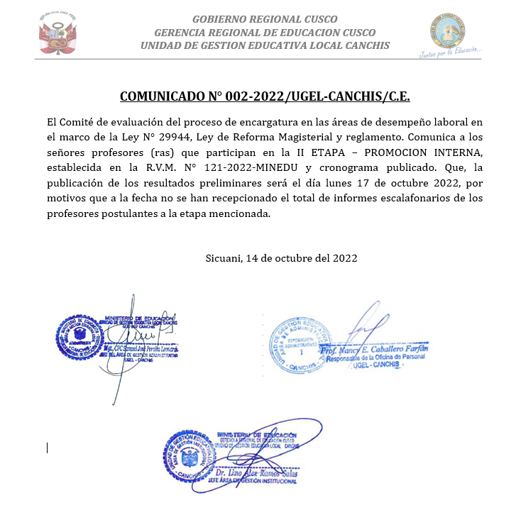 Read more about the article COMUNICADO N° 002-2022/UGEL-CANCHIS/C.E.