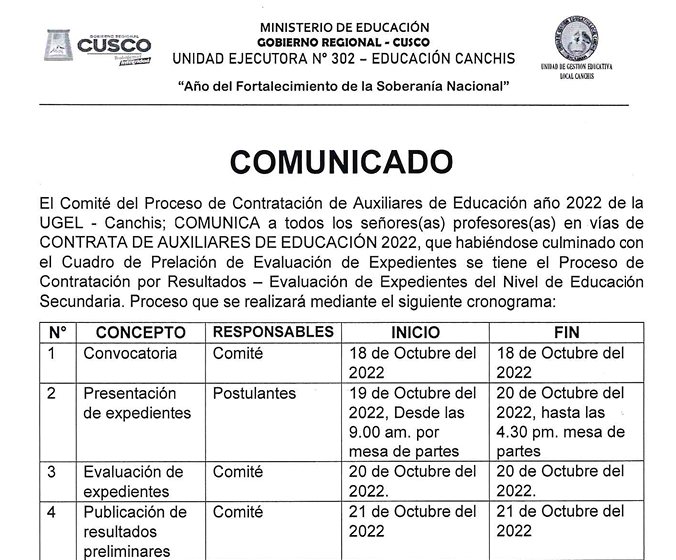 Read more about the article COMUNICADO – Contratación de Auxiliares de Educación año 2022 de la UGEL – Canchis