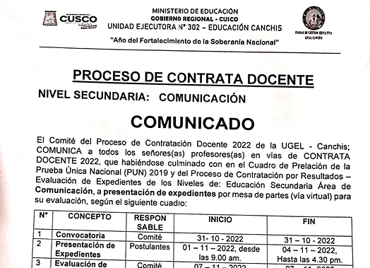 Read more about the article PROCESO DE CONTRATA DOCENTE NIVEL SECUNDARIA: COMUNICACIÓN – COMUNICADO