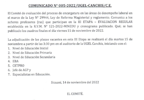 Read more about the article COMUNICADO N° 005-2022/UGEL-CANCHIS/C.E.