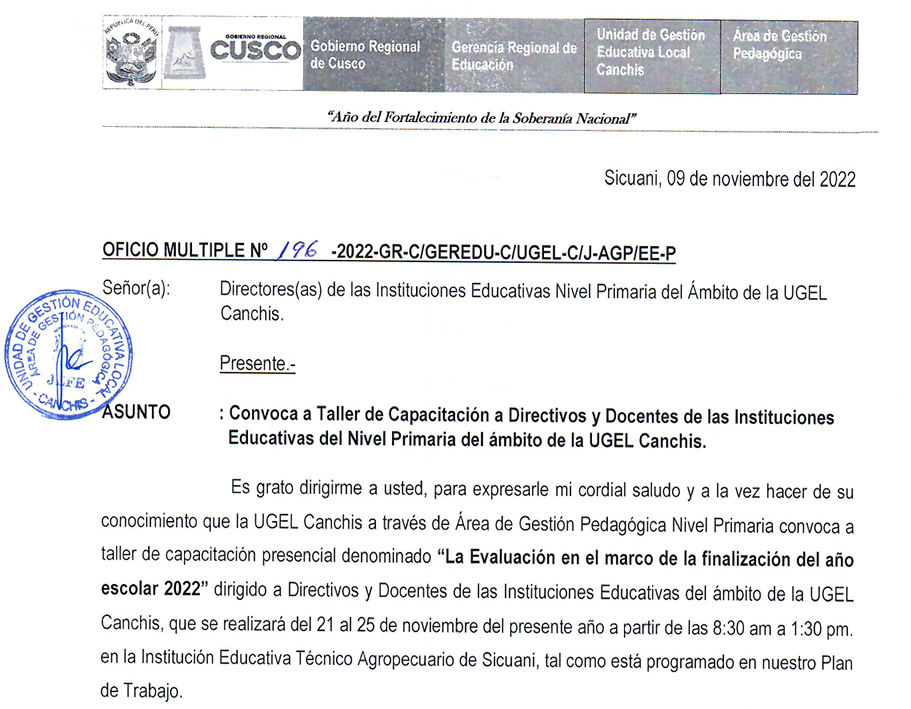 Read more about the article Convoca a Taller de Capacitación a Directivos y Docentes de las Instituciones Educativas del Nivel Primaria del ámbito de la UGEL Canchis.