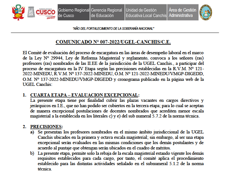 Read more about the article <strong><u>COMUNICADO N° 007-2022/UGEL-CANCHIS/C.E.</u></strong>