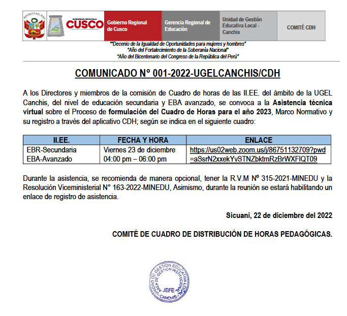 Read more about the article COMUNICADO N° 001-2022-UGELCANCHIS/CDH