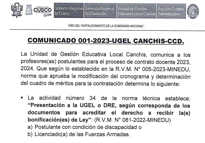 Read more about the article COMUNICADO 001-2023-UGEL CANCHIS-CCD,