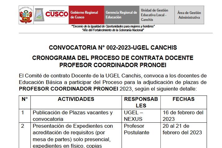 Read more about the article CONVOCATORIA N° 002-2023-UGEL CANCHIS CRONOGRAMA DEL PROCESO DE CONTRATA DOCENTE PROFESOR COORDINADOR PRONOEI