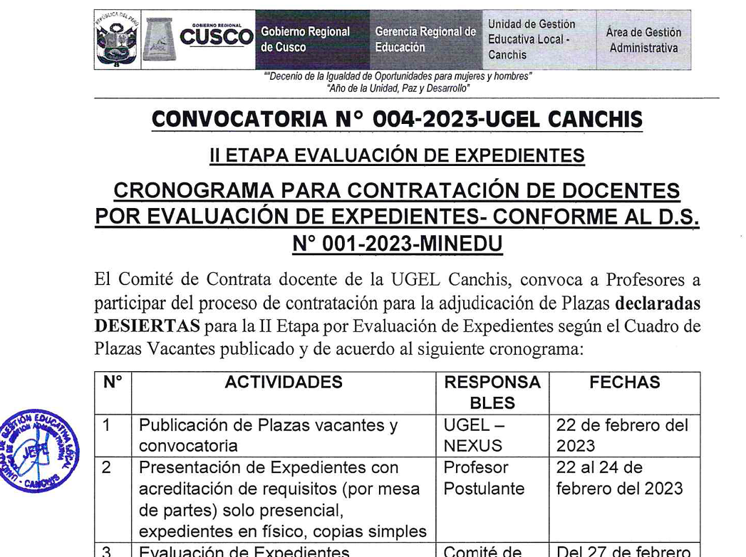 Read more about the article CONVOCATORIA N° 004-2023-UGEL CANCHIS lo