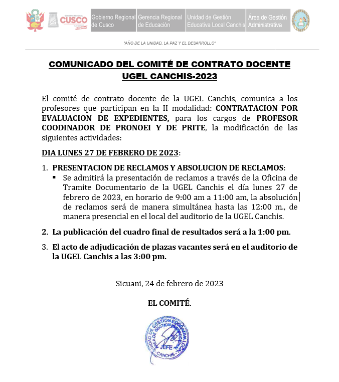 Read more about the article COMUNICADO DEL COMITÉ DE CONTRATO DOCENTE UGEL CANCHIS-2023
