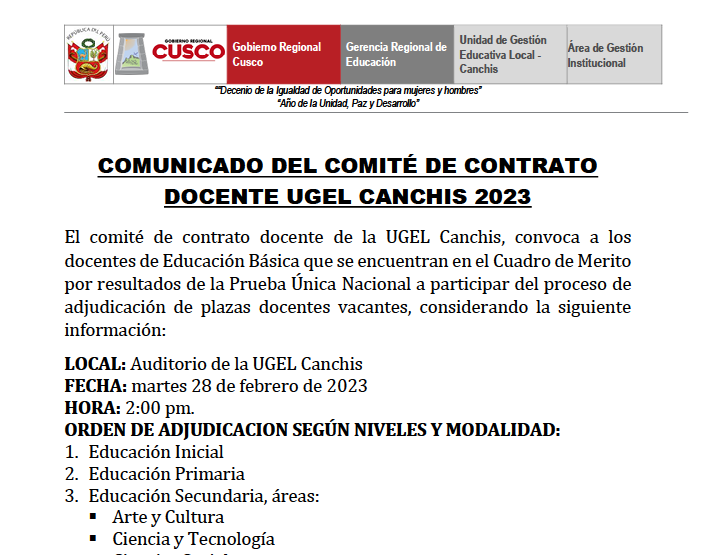 Read more about the article COMUNICADO DEL COMITÉ DE CONTRATO DOCENTE UGEL CANCHIS 2023