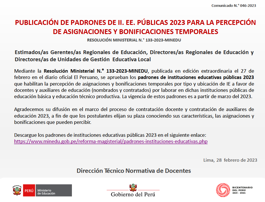 Read more about the article PUBLICACIÓN DE PADRONES DE II. EE. PÚBLICAS 2023 PARA LA PERCEPCIÓN<br>DE ASIGNACIONES Y BONIFICACIONES TEMPORALES